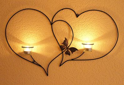 Doppelherz Wandteelichthalter Herz 65 cm Teelichthalter aus Metall Wandleuchter