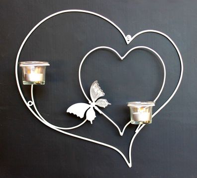 Wandteelichthalter Herz 39 cm Weiß Teelichthalter Metall Wandleuchter Kerze
