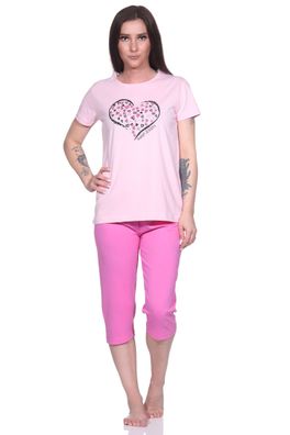 Damen Capri Schlafanzug, 3/4-Capri-Pyjama mit süßem Herzchen-Muster