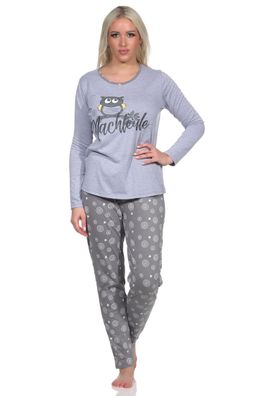 Langer Damen Pyjama Schlafanzug mit Rundhals und niedlichem Eulen-Motiv