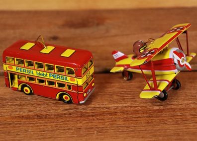 Blechspielzeug Doppeldecker-Bus ZZ Germany + Flugzeug roter Baron China TOP! #W