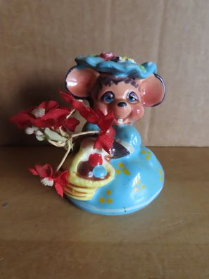 Figur Maus mit blauem Kleid Hut und Stoffblumen Keramik/ ca. 6 cm hoch