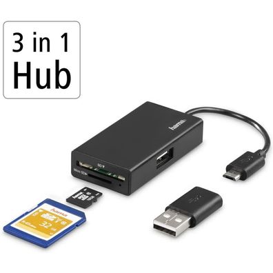 Hama USB 2.0 Hub + Card Reader SD microSD USB-A + Micro-USB 3in1 Kartenleser OTG