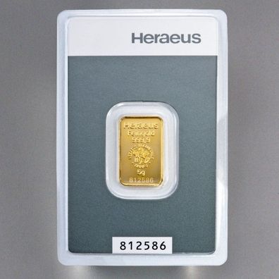 Heraeus 5 Gramm 999.9 Gold Goldbarren Barren im Blister mit Zertifikat