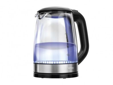 MPM schnurloser Wasserkocher 1,7l Glas u. Edelstahl leuchtet beim kochen blau