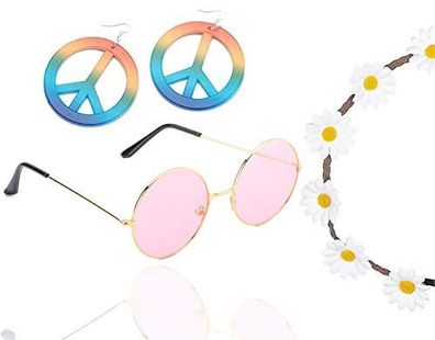 4 in 1 - 70er Hippie Accessoires Set mit Hippiebrille, Kette, Ohrringen, Halskette