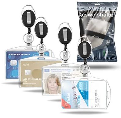 4x Ausweishalter mit ausziehbarem Zugband, Ausweishülle Kartenhalter Hartplastik