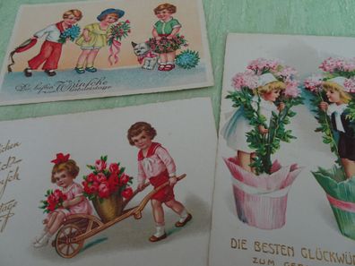 alte Postkarten AK Kleinformat KF Geburtstag Blumenkinder