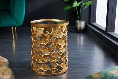 Design Beistelltisch HOJAS Aluminium + Glas 47cm gold handgefertigt