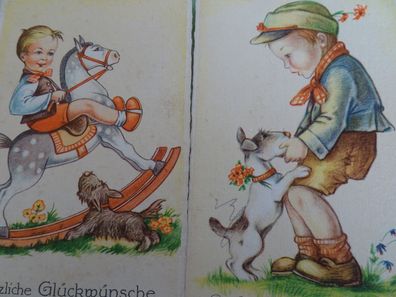 2 sehr alte Postkarte AK Germany KF Hund Schaukelpferd Jungen Kinder Geburtstag
