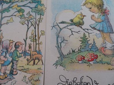 2 sehr alte Postkarte AK KF H. Wirtgen Vögel Rehe Kinder Glückwünsche