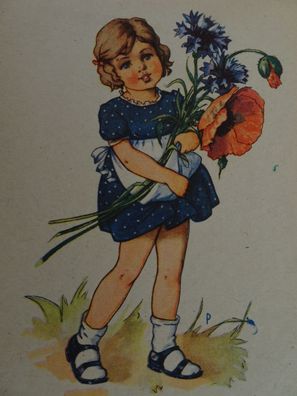 sehr alte Postkarte AK signiert P Glückwunsch Mädchen Kornblumen Klatschmohn