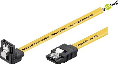 0,5m HDD S-ATA Kabel bis 6 GBits mit Sicherungs-Clip f. SATA gelb L-Type 90°