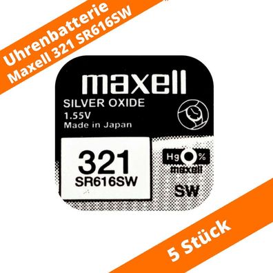 5 x Maxell 321 Uhren-Batterie Knopfzelle SR616SW 616 SR616 Batterie V321