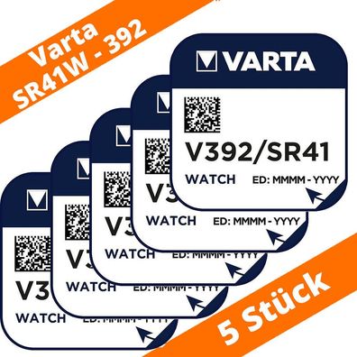 5 x Varta V392 Knopfzelle Uhrenbatterie 1,55 V SR41W AG3 LR41 L41 192 Silberoxid