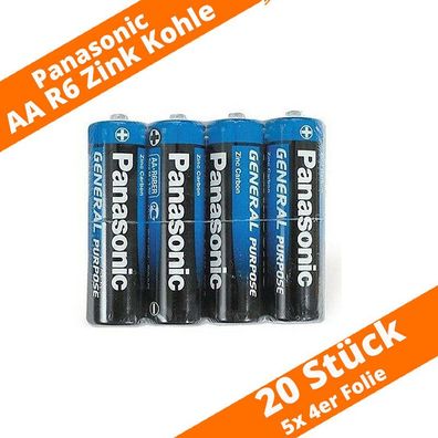 20 x Panasonic AA Mignon R6 Zink Kohle Batterien Folie 5 x 4er Folie 1,5V