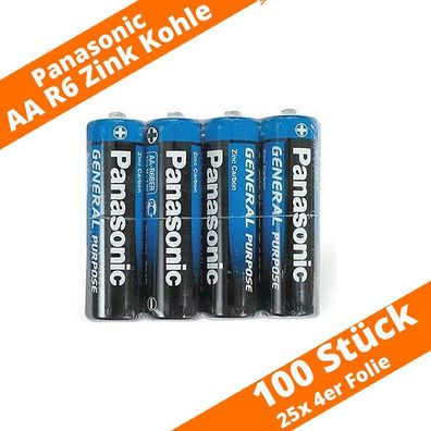 100 x Panasonic AA Mignon R6 Zink Kohle Batterien Folie 25 x 4er Folie 1,5V
