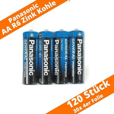 120 x Panasonic AA Mignon R6 Zink Kohle Batterien Folie General Purpose Folie