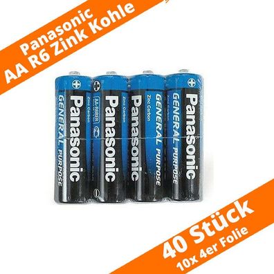 40 x Panasonic AA Mignon R6 Zink Kohle Batterien Folie 10 x 4er Folie 1,5V