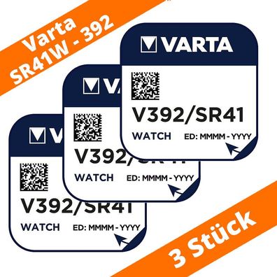 3 x Varta V392 Knopfzelle Uhrenbatterie 1,55 V SR41W AG3 LR41 L41 192 Silberoxid