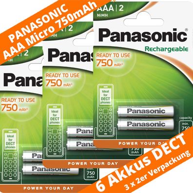 6 x Panasonic 750mAh Akku DECT Micro AAA Telefon 1,2V 3 x 2er Blister Neu