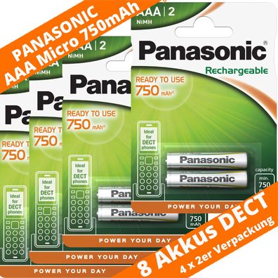 8 x Panasonic 750mAh Akku DECT Micro AAA Telefon 1,2V 4 x 2er Blister NiMH NEU