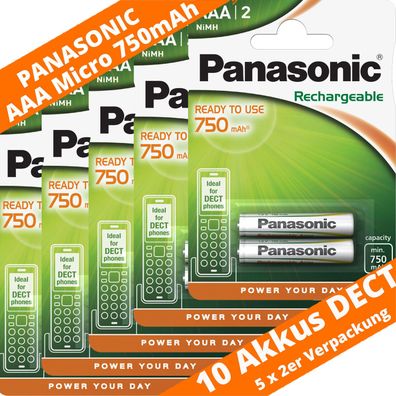 10 x Panasonic 750mAh Akku DECT Micro AAA Telefon 1,2V 5 x 2er Blister NiMH NEU