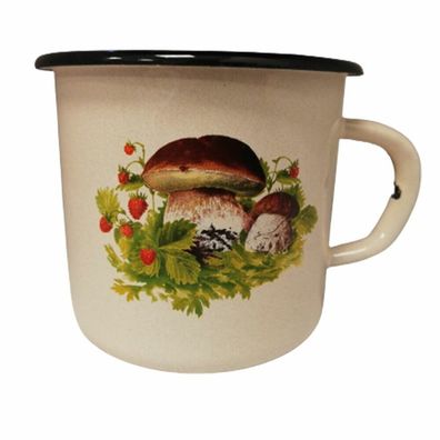 Stahl Emaille Metalltasse "Pilze" 0,4L Metall Tasse Becher