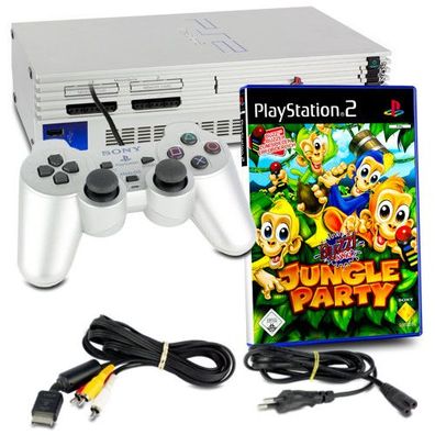 PS2 Konsole Fat in Silber + original Controller + alle Kabel + Spiel Buzz Junior ...