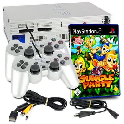 PS2 Konsole Fat in Silber + 2 original Controller + alle Kabel + Spiel Buzz Junior...