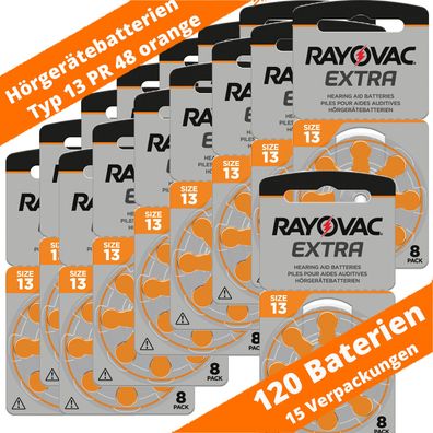 120 x Rayovac Extra 13 Orange PR48 ZA13 D13 Hörgerätebatterien 1,45V 15 x 8ter