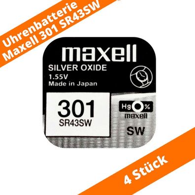 4 x Maxell 301 Uhren Batterie SR43SW SR1143 280-41 RW44 1,55V Silberoxid SR43