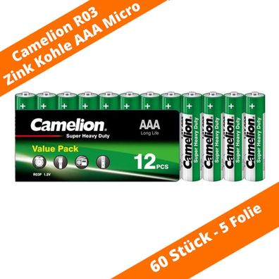 60 x Camelion AAA Micro R03 Batterie Heavy Duty 1,5V Zink Kohle 12er Folie