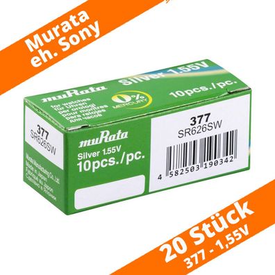 20 x Murata Sony 377 SR626SW Uhren Batterie SR66 AG4 Silberoxid Knopfzelle NEU