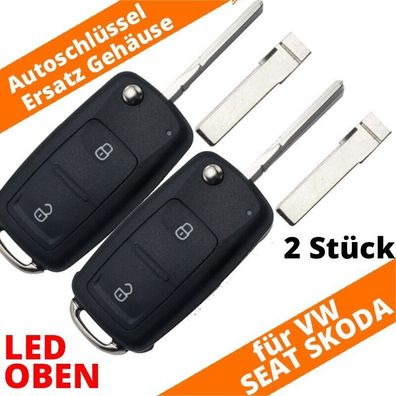 2 x Auto Klapp Schlüssel 2 Tasten Gehäuse LED oben für VW SKODA SEAT GOLF