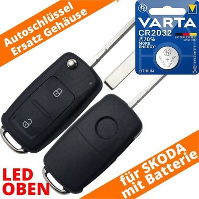 Auto Klapp Schlüssel 2 Tasten Gehäuse LED Oben Skoda Fabia Octavia + CR2032