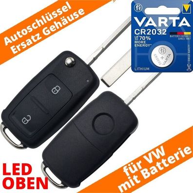 Auto Klapp Schlüssel 2 Tasten Gehäuse LED Oben VW Bora Golf V Passat T5 + CR2032