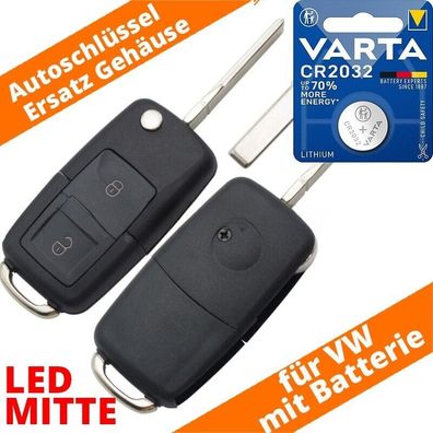 Klappschlüssel Schlüssel 2 Tasten LED Mitte für VW Bora Golf IV T5 + Batterie