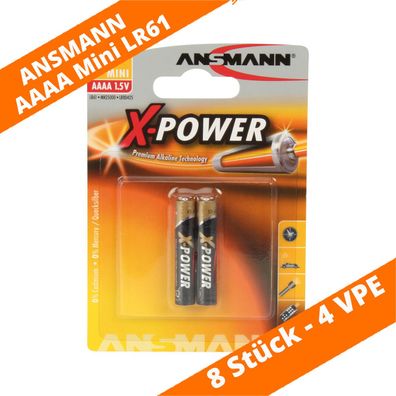 4 x Ansmann LR61 X-Power Alkaline Piccolo AAAA Blister 1,5 V - 8 Batterien