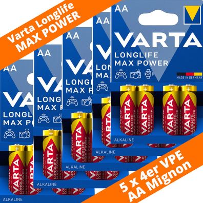 20 x Varta Longlife Max Power / Max Tech 4706 AA Mignon LR6 Foto 1,5V Batterie