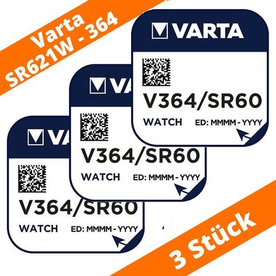 3 x V364 Uhren-Batterie Knopfzelle SR60 SR621SW AG1 VARTA Neu Silberoxid 364