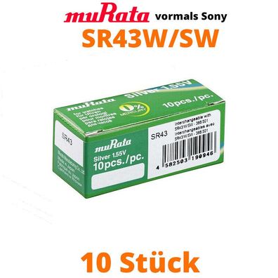 10 x Murata Sony 386 301 Uhrenbatterien 1,55 V SR43W SW 12GA LR43 eh. Sony