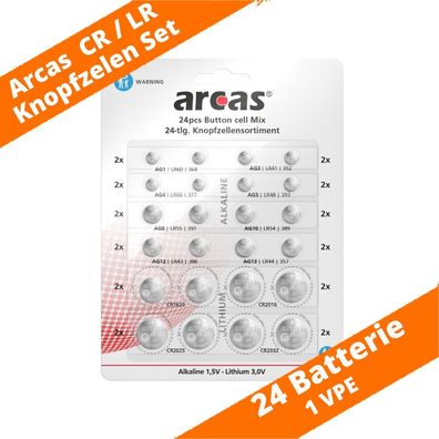 Arcas Knopfzellen Set 24teilig für Uhren Auto Schlüssel CR & LR Batterien 1,5 3V