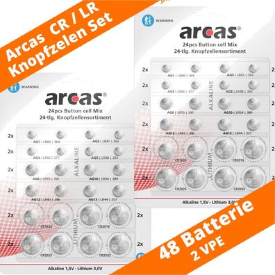 2 x Arcas Knopfzellen Set 24teilig für Uhren Auto Schlüssel CR & LR Batterien
