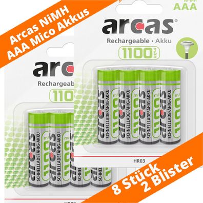 8 x Arcas 1100 - AAA HR03 Micro 1100mAh NiMH 1.2V Akku 2 x 4er Packung Solar