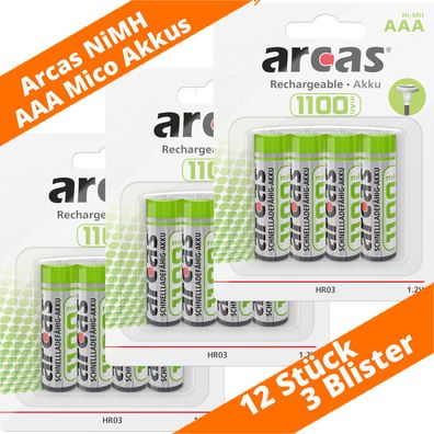12 x Arcas 1100 - AAA HR03 Micro 1100mAh NiMH 1.2V Akku 3 x 4er Packung Solar