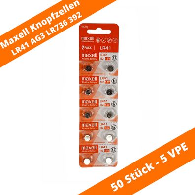 50 x Maxell LR41 Alkaline Batterie AG3 L736 192 LR41 392 1,5V Knopfzelle