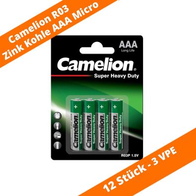 12 x Camelion AAA Micro R03 Batterie Heavy Duty 1,5V Zink Kohle Blisterkarte