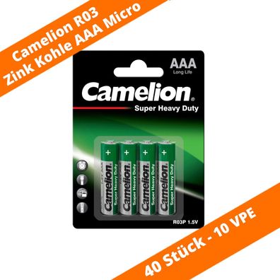 40 x Camelion AAA Micro R03 Batterie Heavy Duty 1,5V Zink Kohle Blisterkarte