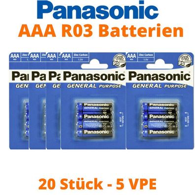 20 x Panasonic Batterien AAA Micro R03 Panasonic General Purpose 5 x 4er Blister